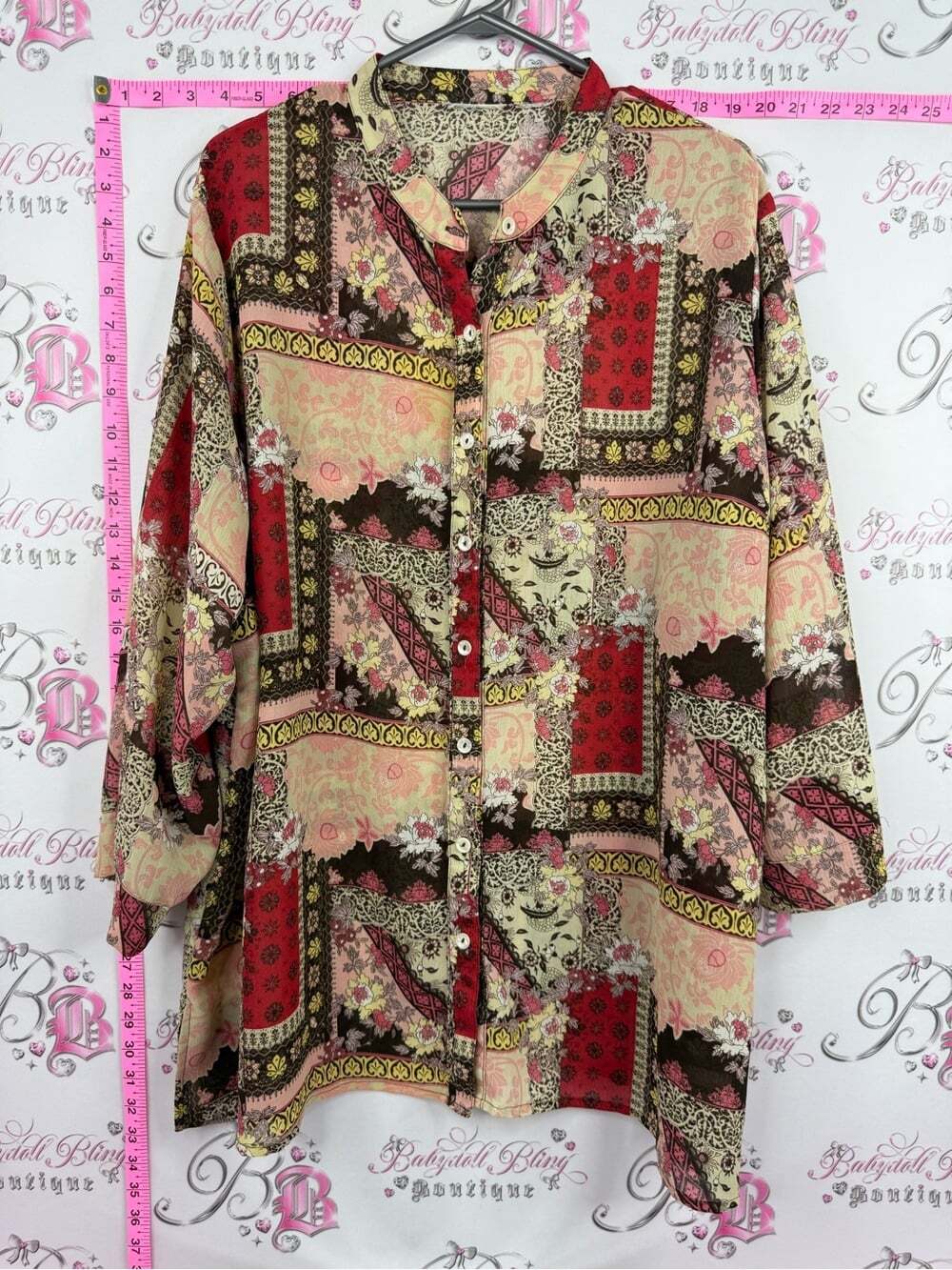 Blouse button up Bohemian Patchwork Button-Up Blouse - Red & Cream
